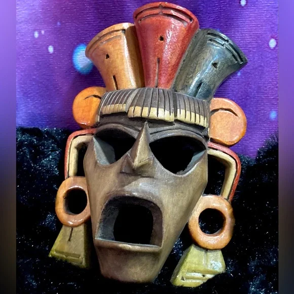 Hand Carved Mayan Wood Mask Aztec Incan Tribal Primitive Wall Decor - Picture 11 of 12